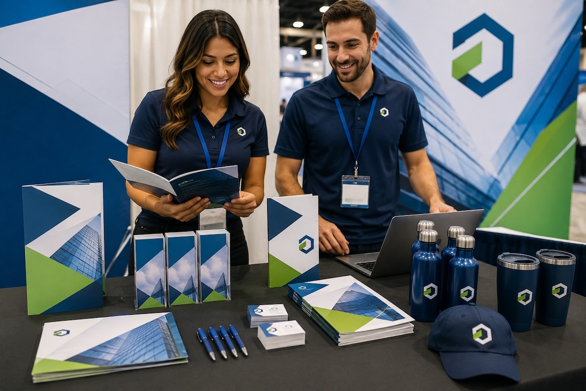 color consistency modern blue green expo booth team