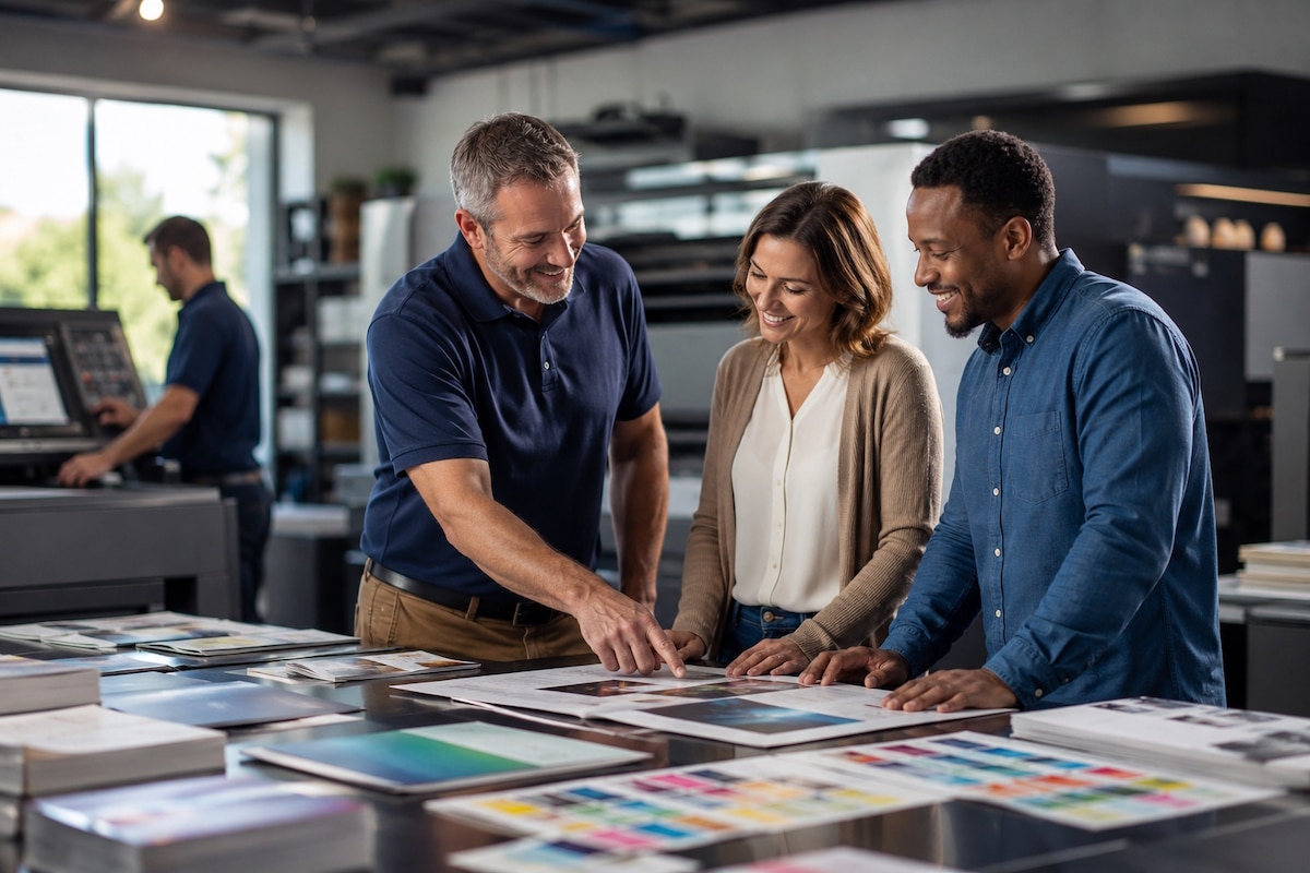 commercial printing collaborating in print shop
