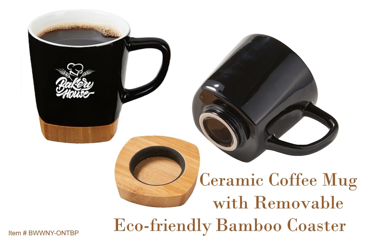 eco friendly custom printing Ceramic Coffee Mug Removable Bamboo Coaster