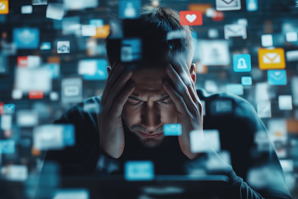 print marketing man overwhelmed by digital messages